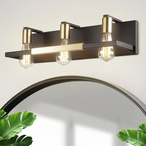 Miniatura 3 de Hamilyeah Lámparas de baño rústicas sobre espejo, luces de tocador negras y doradas mate para baño, 3 lámparas de pared vintage, iluminación