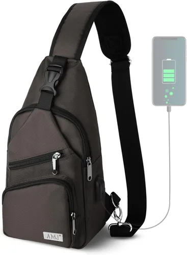 AMJ Bolso cruzado tipo bandolera para hombres y mujeres, mochila de hombro casual, mochila de pecho tipo morral para senderismo y viajes Marrón
