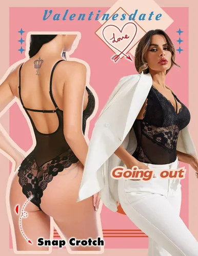 Miniatura 3 de Avidlove - Lencería de entrepierna a presión para mujer, body de encaje de una pieza, mini traje sexy.