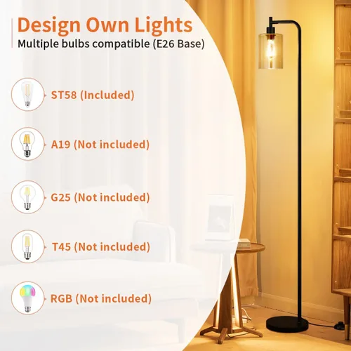 Miniatura 4 de Ziisee Lámparas de pie para sala de estar, lámpara de pie con pantalla de vidrio ámbar, lámpara de pie moderna con bombillas LED, lámpara de pie