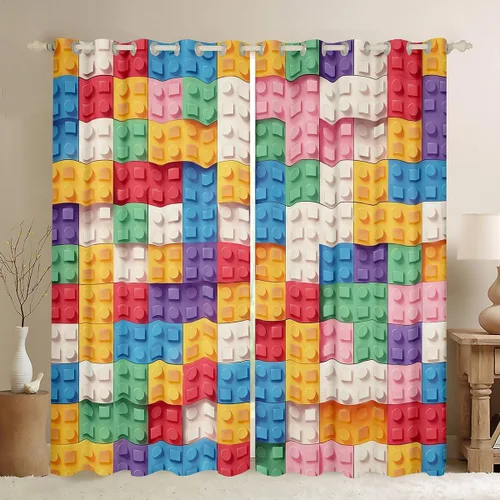 Miniatura 7 de Feelyou Cortinas de ventana de bloque de construcción para dormitorio, 38 pulgadas de ancho x 45 pulgadas de largo, 2 paneles de estilo ladrillo