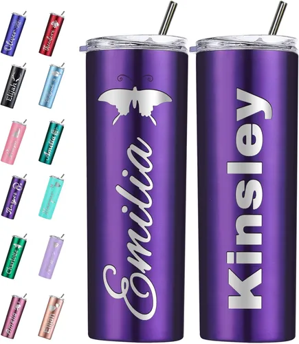 Miniatura 17 de Vaso personalizado personalizado con nombre grabado y logotipo, vasos delgados personalizados con tapa y pajita, vaso aislado de acero inoxidable