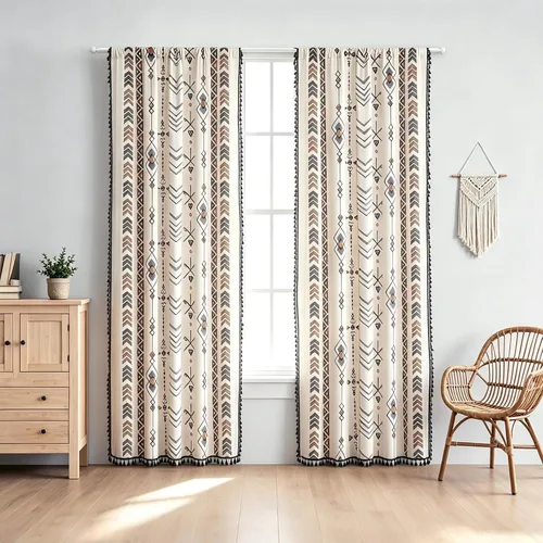 Miniatura 7 de Coral Fish Cortinas Bohemias con Patrón Geométrico Negro Cortinas de Ventana Bohemias con Borlas y Flecos para Cocina Baño Filtrado de Luz