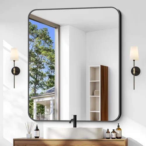 Miniatura 13 de Espejo de baño de 18 x 24 pulgadas con marco de metal negro rectangular, espejo de tocador rectangular de esquinas redondeadas, espejo de pared
