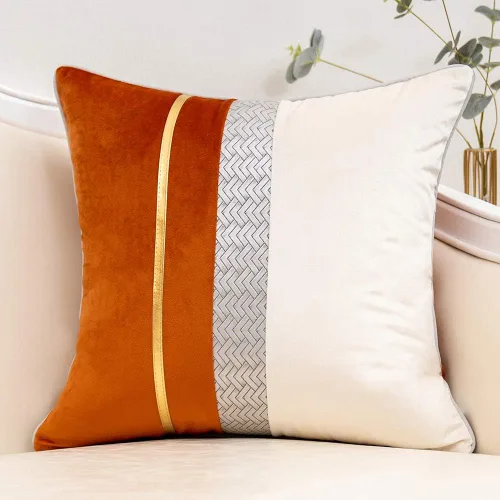 Yangest Funda de almohada de terciopelo de retazos naranja quemado con funda de cojín de cuero a rayas doradas, funda de almohada moderna de lujo