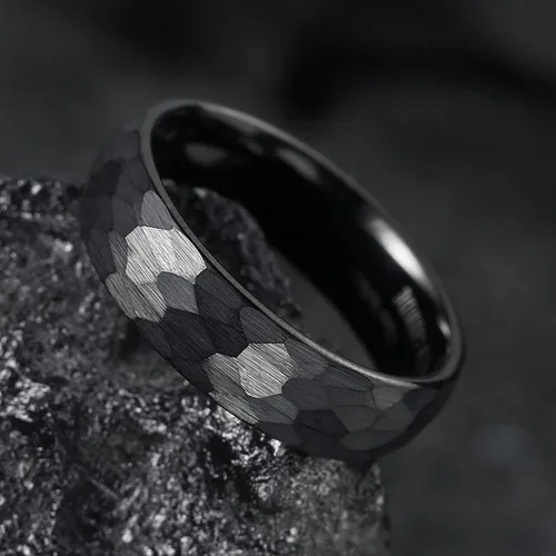 Miniatura 3 de King Will Anillos de tungsteno martillado de 0.315 pulgadas para hombres y mujeres abovedados negroplata y oro rosa cepillado anillo de boda