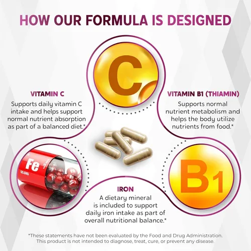 Miniatura 5 de Hierro natural de alta potencia con vitamina C, ácido fólico, fórmula de alta absorción, vitamina B1, vitamina B6, vitamina B12, ayuda a