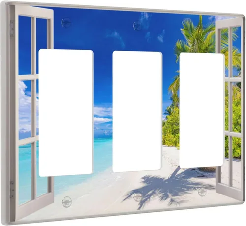 Miniatura 59 de Vista de ventana, isla tropical, playa, palmeras, cielo soleado, cubierta de interruptor de luz de palanca individual, placa decorativa de pared