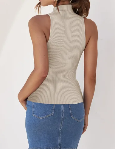 Miniatura 4 de ZESICA Camisetas sin mangas de verano para mujer, cuello de tortuga, de punto acanalado, ajustadas, básicas, casuales