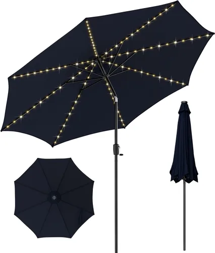 Miniatura 10 de Giantex Sombrilla de patio de 10 pies con 112 luces solares de lluvia de meteoritos, sombrilla de mercado para mesa al aire libre con 8 varillas