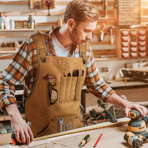 Miniatura 7 de Delantal de carpintería para hombres, delantal de trabajo de lona de 20 onzas con 9 bolsillos para herramientas, delantal de trabajo de madera Caqui