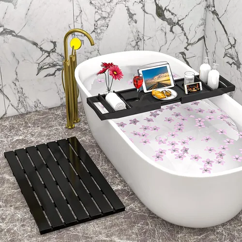 Miniatura 7 de Domax - Bandeja para tina de bambú extensible para baño de lujo, con soporte para libros y jabonera separada, color negro