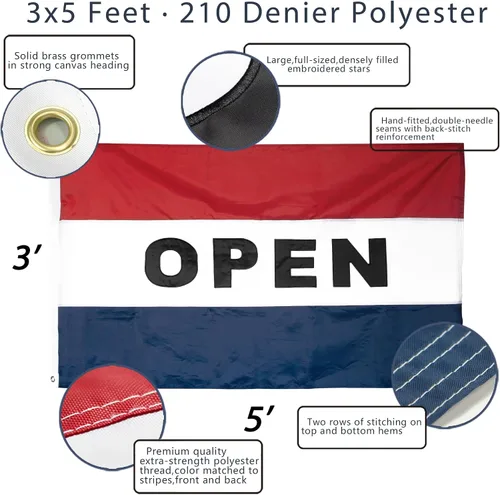Miniatura 2 de Anley EverStrong Series - Bandera abierta bordada de 3 x 5 pies, cabecera de lona bordada y resistente, 4 filas de costuras de cerradura, banderas
