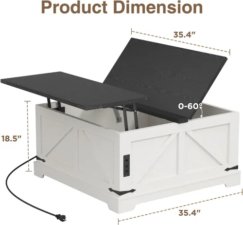 Miniatura 2 de Mesa de café con almacenamiento, mesa rústica de elevación con centro cuadrado de madera estilo granja con estación de carga, mesas de cóctel