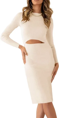 Miniatura 3 de SHANZHEN Vestido ajustado de manga larga para mujer, casual, a la moda, cuello redondo, recortado, de punto, acanalado, ajustado, vestido de tubo