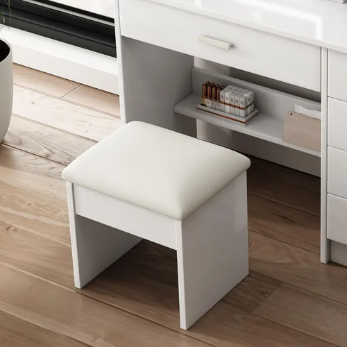 Miniatura 8 de Montary Escritorio de tocador de maquillaje con espejo y luces, juego de mesa de tocador blanca con 5 cajones, espejo deslizante, estantes