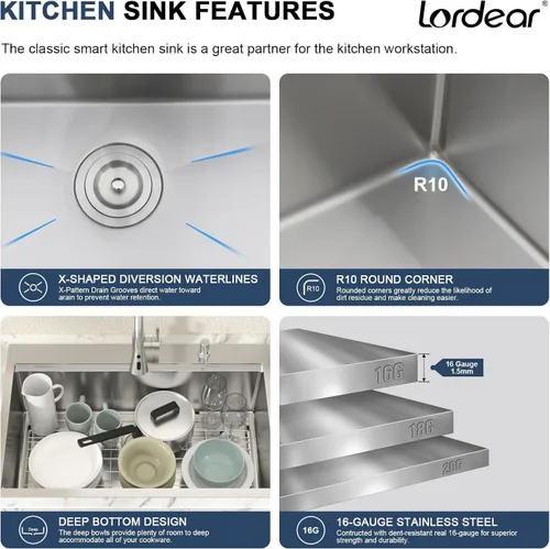 Miniatura 4 de Lordear - Fregadero de cocina encajado de 33 pulgadas con estación de trabajo, de 33 x 22 pulgadas, con una sola cubeta, de acero inoxidable