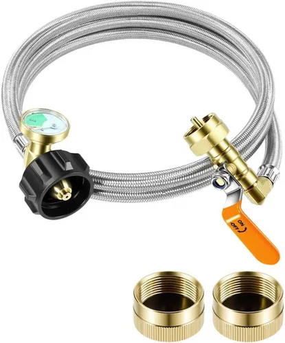 Miniatura 7 de DPB Adaptador de repuesto de propano de 3 pies para 1 libra. Manguera adaptadora de tanque de propano con medidor y válvula de control de Plateado