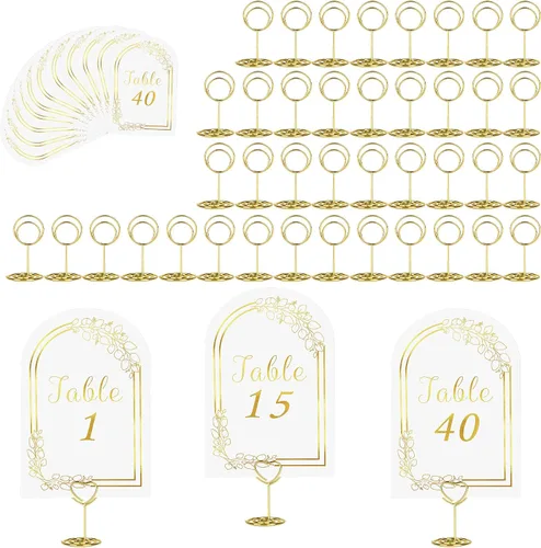 Miniatura 8 de JOYIT 21 juegos de tarjetas de mesa de boda del 1 al 20 y de la mesa principal con 21 soportes de números de mesas, tarjetas de números de oro negro
