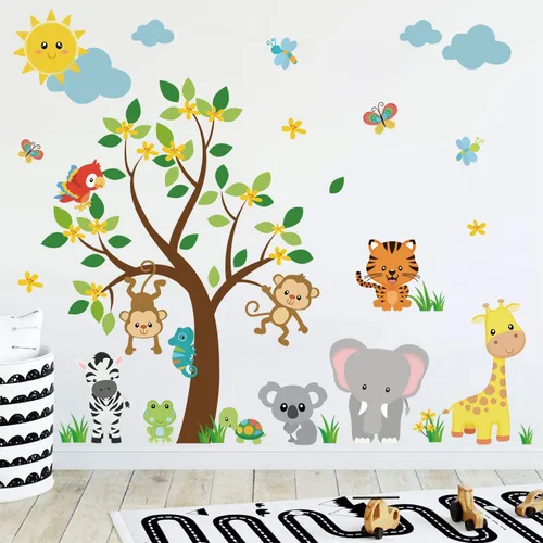 Miniatura 2 de Supzone Calcomanías de pared de animales de selva, diseño de mono, árbol, elefante, jirafa, tigre, calcomanía de pared para niños, niñas, niños
