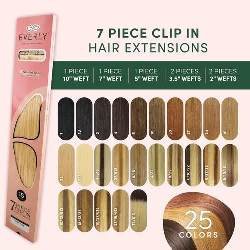 Miniatura 9 de Everly Extensión de cabello con clip, 7 piezas de cabello humano Remy sin costuras con clip de trama de silicona con tecnología de clip de mariposa
