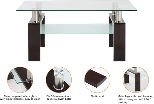 Miniatura 4 de IANIYA El rectángulo negro de la nuez moderó la tabla de centro de cristal moderada de las piernas del tubo del metal Negro Nuez (Black Walnut)