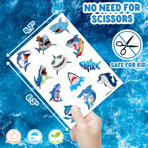 Miniatura 6 de 96 calcomanías temporales precortadas de tiburón, animales marinos, peces bajo el mar, océano, decoración de fiesta de cumpleaños, suministros