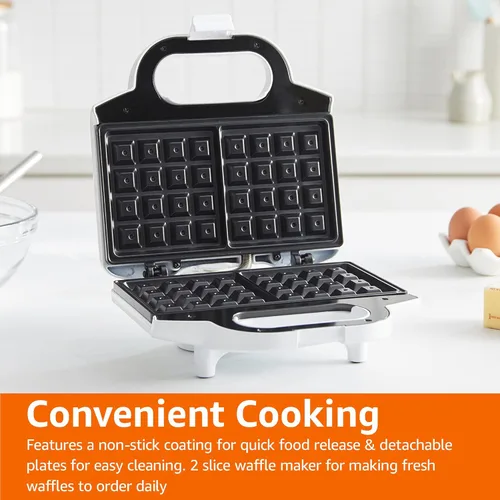 Miniatura 7 de Amazon Basics Plancha para Waffles 2 Rebanadas Blanca con Revestimiento Antiadherente y Fácil de Limpiar, 700W