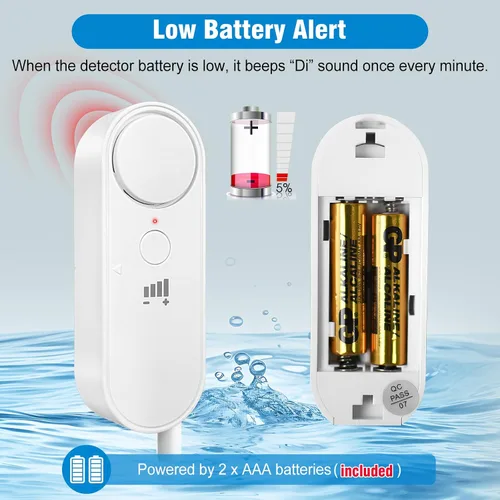 Miniatura 6 de Daytech Alarma de Sensor de Agua Detector de Fugas – Alerta fuerte de 100 dB, cable de detección de 6.5 pies, 4 niveles de volumen, sensor detector