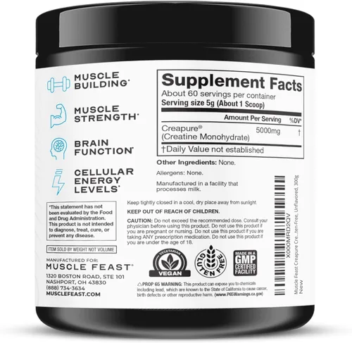 Miniatura 9 de Polvo de monohidrato de creatina Creapure, hecho por Muscle Feast Pre-entrenamiento o post-entrenamiento, premium Fácil de mezclar y sin gluten