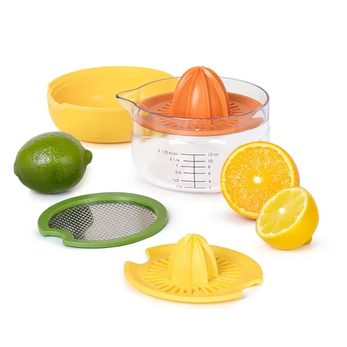 Tovolo Juego de exprimidor de cítricos y rallador todo en uno, blanco y amarillo – Exprimidor manual con taza de medición, dos recolectores, libre