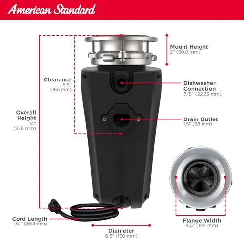 Miniatura 5 de American Standard 10-US-AS-12-SL Eliminación de basura anti-atascos Sistema de trituración de residuos de alimentos de acero inoxidable, línea