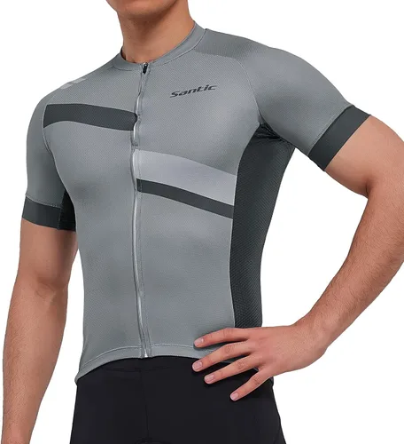 Miniatura 5 de Santic Camiseta de ciclismo para hombre, manga corta, camiseta de ciclismo de carretera, con cremallera completa, UPF 50+, MTB con bolsillos