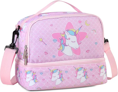 Miniatura 7 de Bolsa de almuerzo para niños, lonchera aislada, bonita bolsa térmica con doble compartimento y correa de hombro extraíble, tiburón azul VONXURY