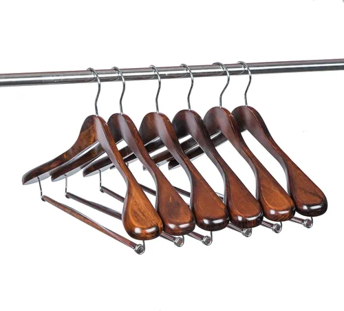 Miniatura 3 de Perchas de madera de lujo para hombros anchos, paquete de 6, con barra de bloqueo, acabado retro liso, percha de madera para traje y abrigo