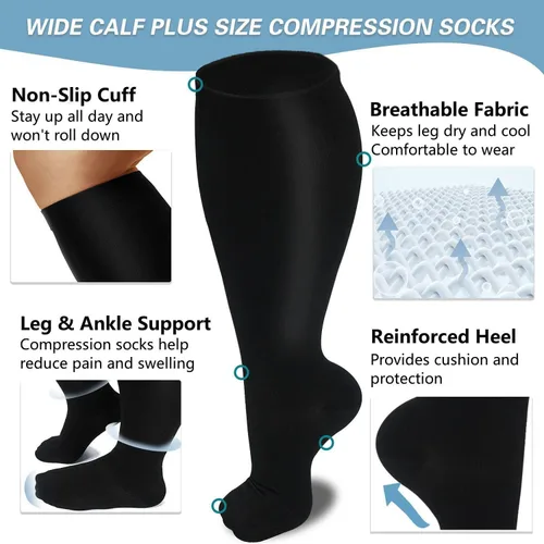 Miniatura 3 de Unnclou 3 pares de calcetines de compresión de talla grande para mujeres y hombres, 15-20 mmHg, extra grandes hasta la rodilla, medias de soporte