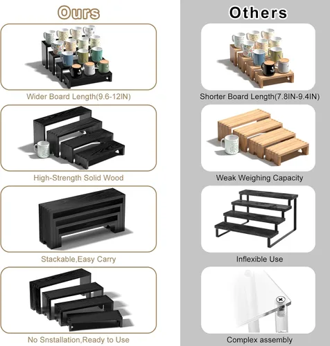 Miniatura 7 de Juego de 2 soportes elevadores escalonados grandes de madera negra para eventos de proveedores, soporte apilable de madera para cupcakes, juego