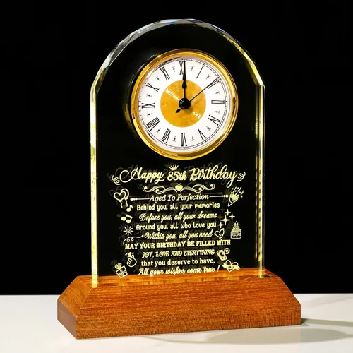 Miniatura 10 de Arikyrist Reloj de cristal de feliz cumpleaños 80 para hombres y mujeres, reloj de cuarzo con base de luz LED de madera, regalos de cumpleaños de 80