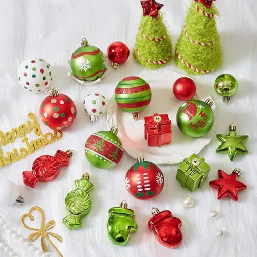 Miniatura 6 de Juego de 42 adornos de bolas de Navidad - Adornos de Navidad rojos y verdes surtidos, inastillables, brillantes, colgantes, adornos de árbol