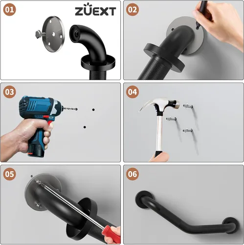 Miniatura 7 de ZUEXT - Barra de agarre en ángulo de 16 pulgadas, paquete de 2 manijas antideslizantes negras para ducha, barra de equilibrio de baño moleteada