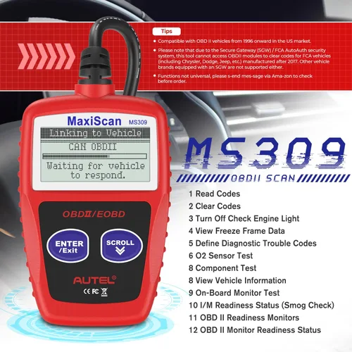 Miniatura 2 de Autel OBD2 Escáner MS309 Universal para Coche, Lector de Códigos de Fallas del Motor, Comprueba la Luz de Verificación del Motor y el Estado