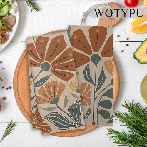 Miniatura 2 de Groovy - Juego de 2 toallas de cocina vintage bohemias, florales naranjas y verdes, estilo retro de los años 70, diseño botánico botánico
