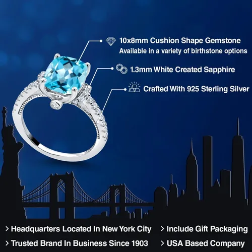 Miniatura 2 de Gem Stone King Anillo de compromiso de topacio azul suizo y zafiro blanco de 4.00 quilates para mujer, juego en plata de ley 925, corte cojín