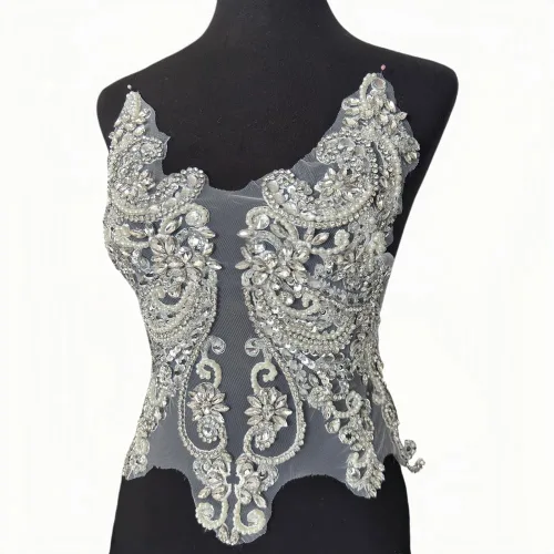 Miniatura 2 de Apliques de encaje hechos a mano con diamantes de imitación para coser en cuentas de vidrio, accesorios para ropa de vestir (blanco)