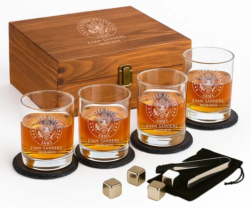 Miniatura 9 de Juegos Personalizados Militares - Decantador Grabado Personalizado y 4 Vasos de Scotch - Ejército, Marina, Fuerza Aérea, Guardia Costera - Servicio