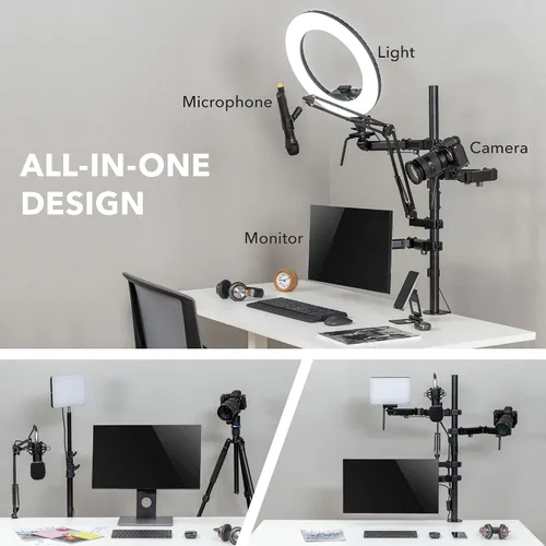 Miniatura 3 de Mount-It! Soporte de escritorio de transmisión todo en uno – Configuración de 4 brazos para monitor, cámara, anillo de luz y micrófono – Equipo