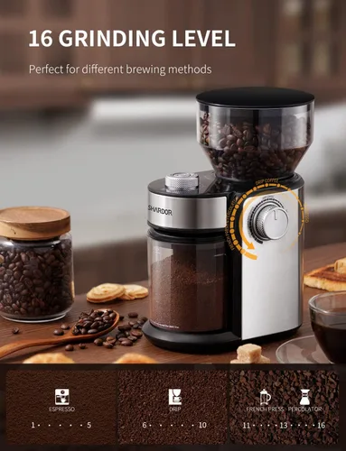 Miniatura 2 de SHARDOR - Molinillo de café eléctrico de muelas, ajustable con 16 ajustes precisos para 2-14 tazas, color plateado