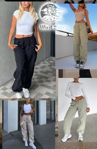 Miniatura 6 de Waitfairy Pantalones de paracaídas para mujer, pantalones cargo holgados con bolsillos
