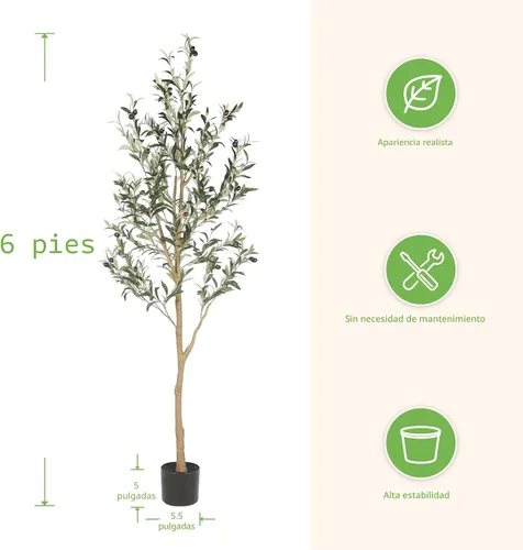Miniatura 4 de Realead Árbol de olivo artificial de 6 pies, plantas de olivo sintético alto, árbol de seda de olivo falso en maceta con ramas y frutas, árboles