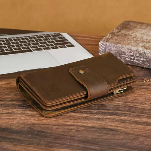 Miniatura 70 de Genuino Caballo Loco Cuero Regalo de Viaje Moneda Bolsillo Tarjetero Organizador Largo Cadena Rfid Cartera Monedero Con Broche Para Hombres Hombres